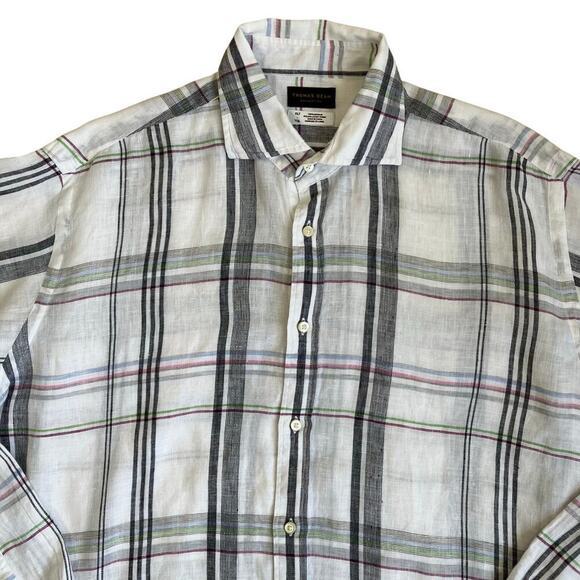 Thomas Dean Mens XL Tall 100% Linen Plaid Button Down Shirt White Multi Casual - Picture 6 of 16